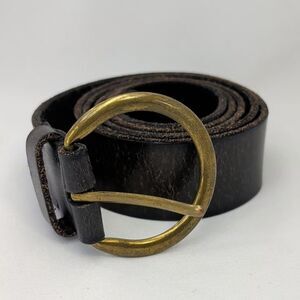 Frye Mens Leather Belt Size L Distressed Brown Antiqued Brass Round Buckle Style